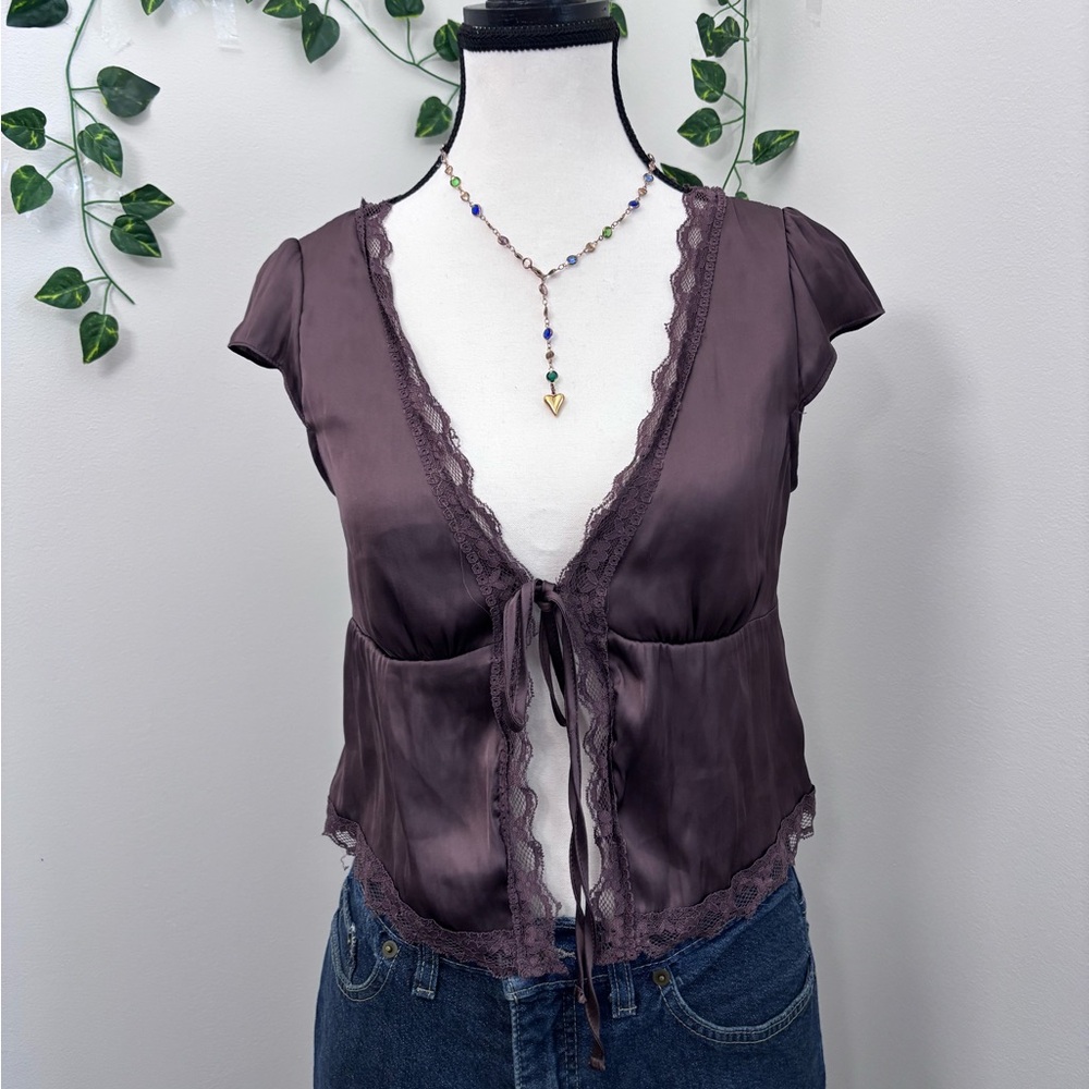 Garage Plum Lace-Trim Satin Tie-Front Blouse
